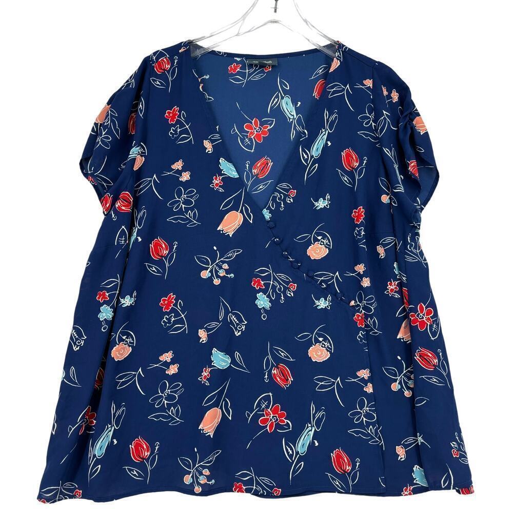 Modcloth Blouse Top Semi Sheer Cap Sleeve Covered Buttons Blue Floral Size 1X